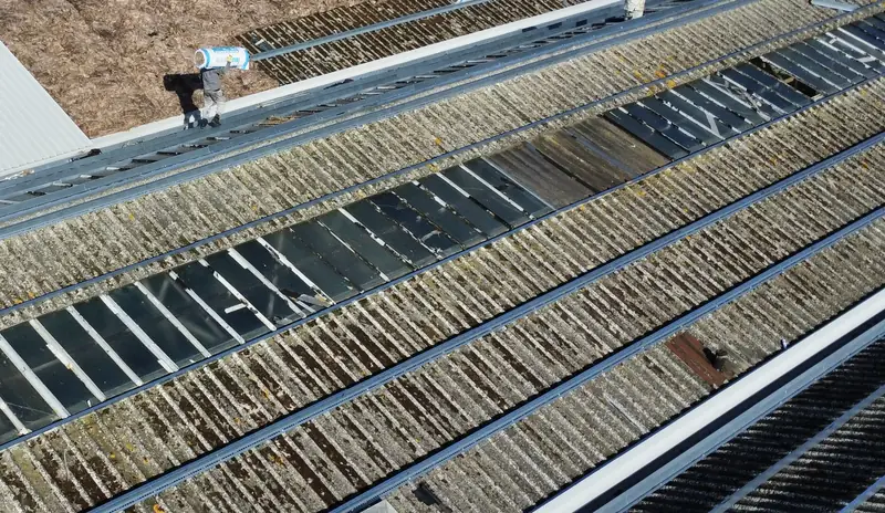 Asbestos cement sheets being stripped from an industrial roof and replaced with new sheeting