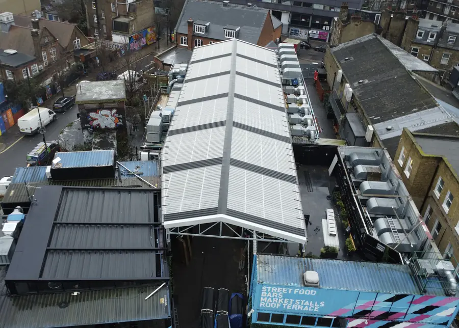 New metal roof installed over a market venue in Camden by Over The Ridge Roofing
